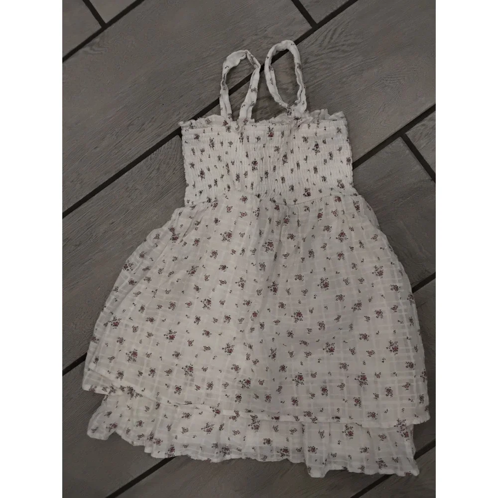 RSQ‎ Girls White Floral Smocked Tiered Ruffle Dress Small Cotton Plaid Textured